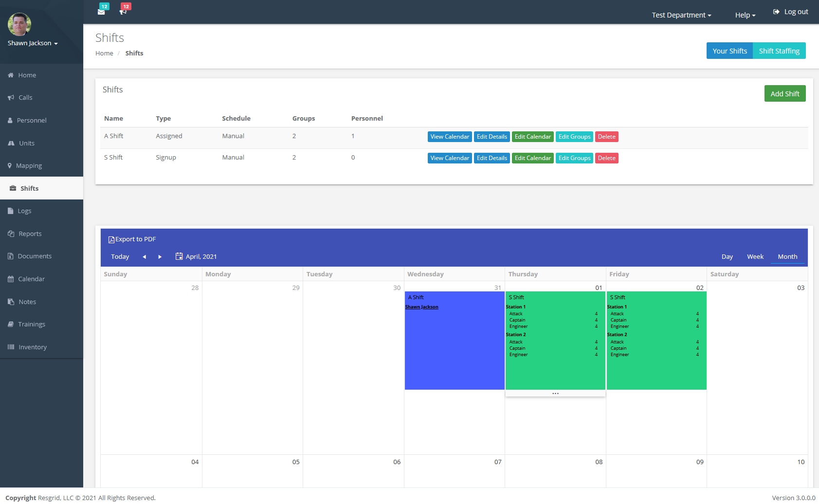 Resgrid Shifts Calendar